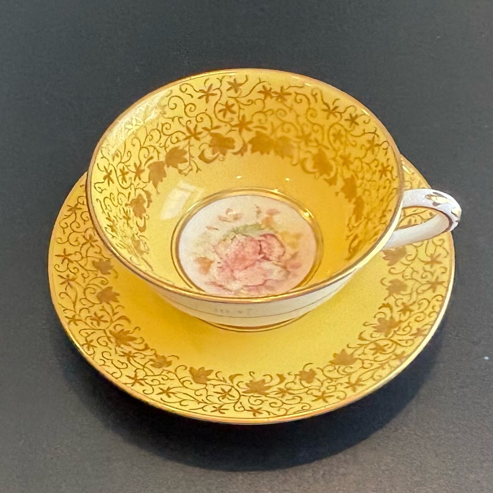 Vintage Royal Chelsea Fine Bone China Signed K Lope Teacup Saucer Set Yellow